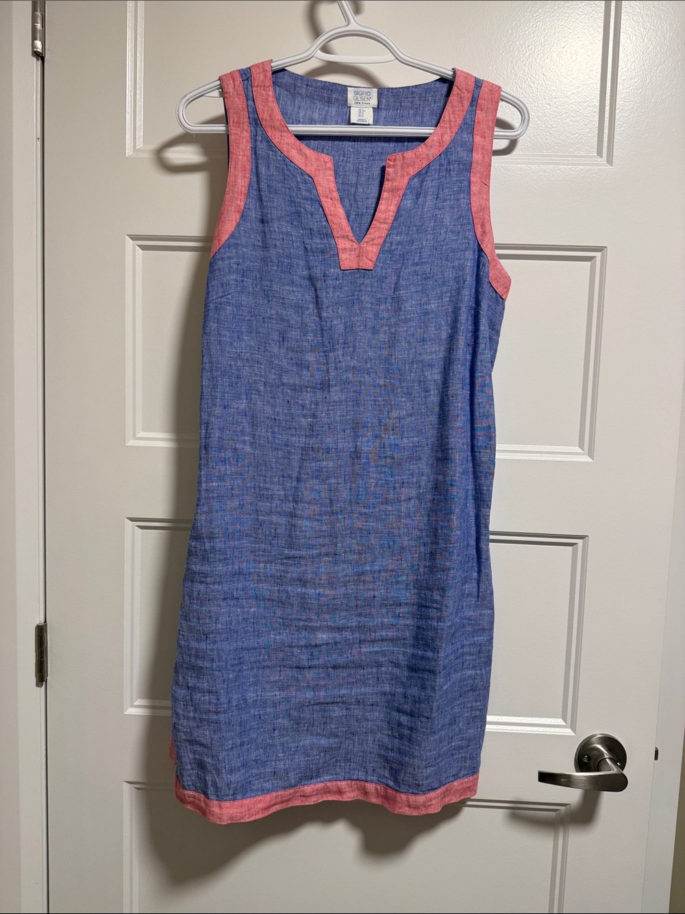Sigrid Olsen Blue Linen Shift Dress with Pink Trim